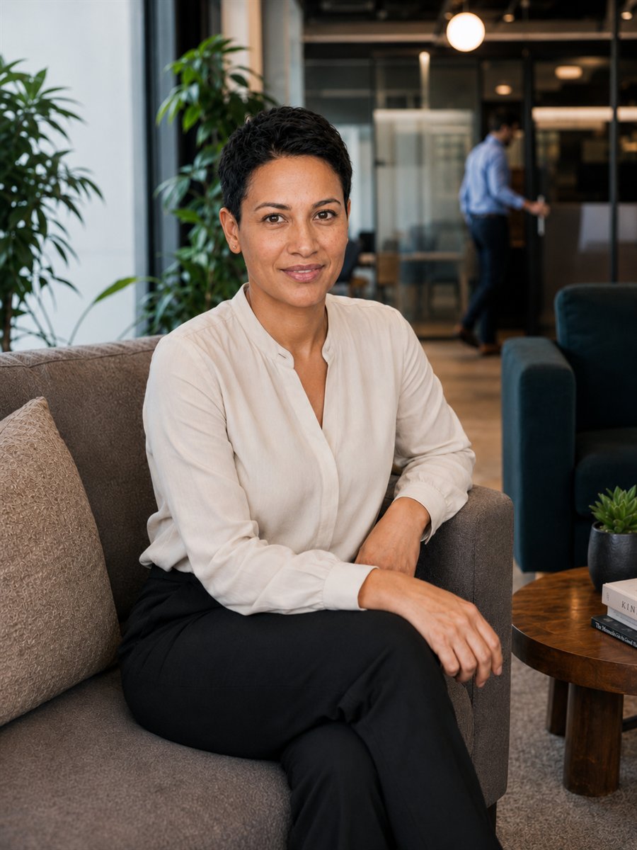 Dr. Sophia Laurent seated in a professional office lounge